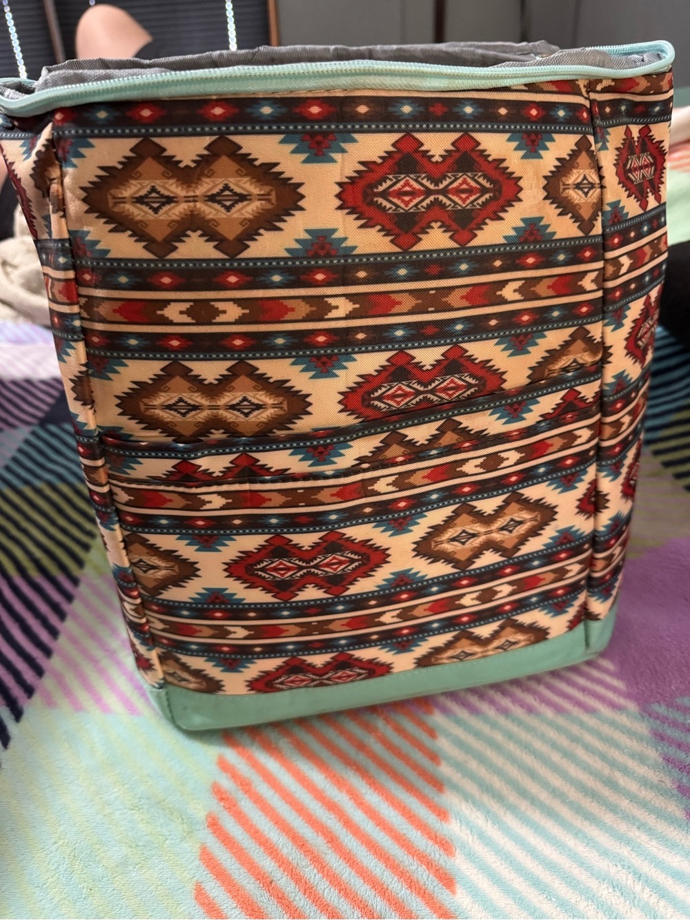 Boho Aztec Print Tote Bag in Beige and Mint